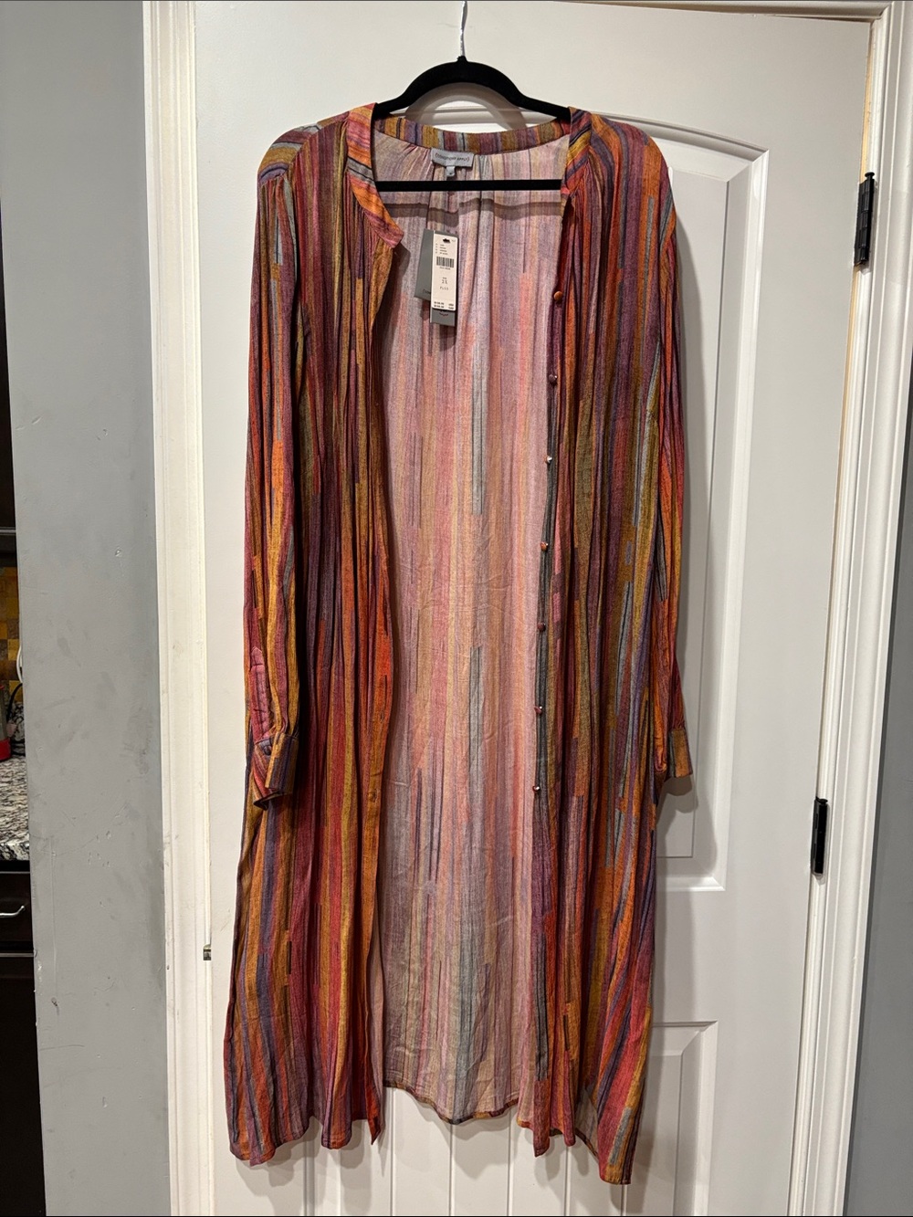 Long Multicolor Striped Button-Down Tunic Shirt - Pink/Orange Stripes